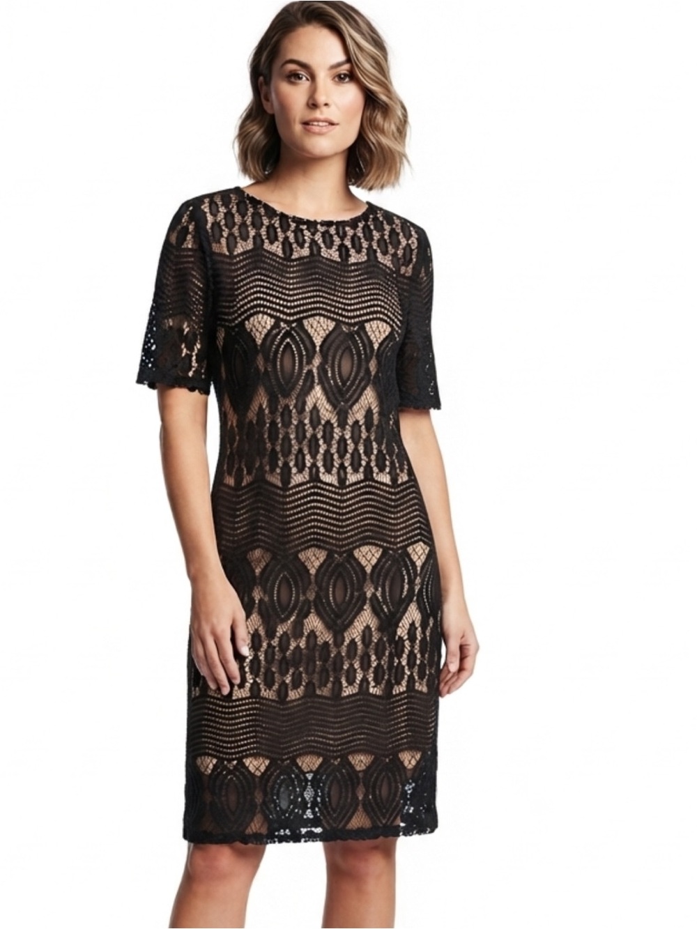 Sharagano Black Lace Short Sleeve Shift Dress Size 10